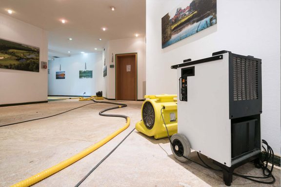 Appareils de déshumidification et de ventilation dans un couloir d'immeuble.